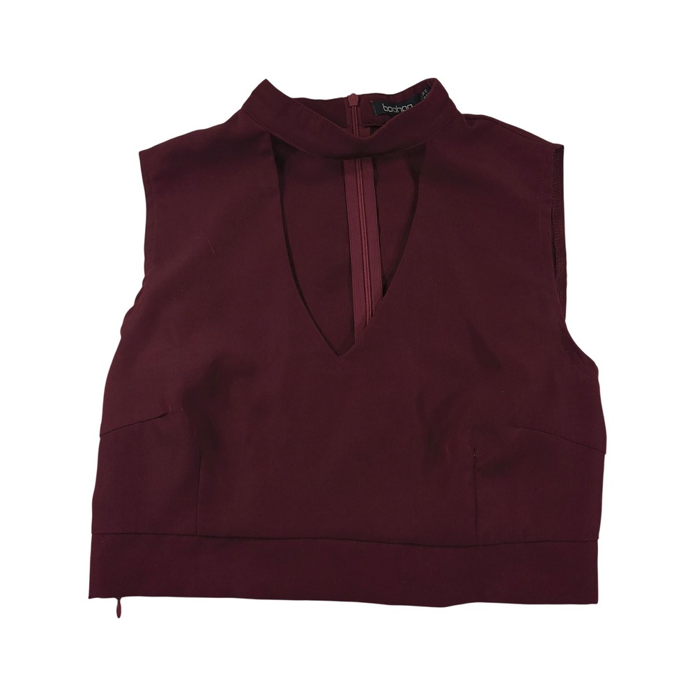 Boohoo‎ Burgundy Crop Top Sleeveless Mock Neck Cut Out Party Clubwear Y2K Chic
